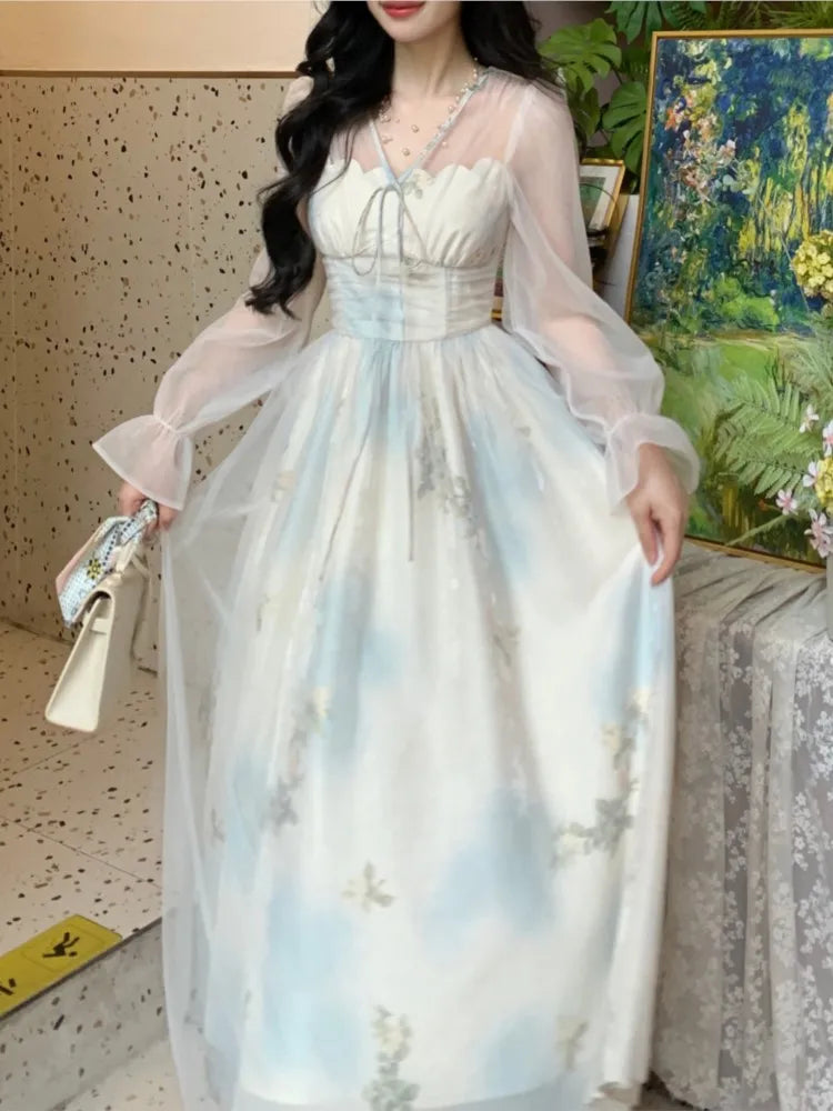 French Printed Midi Dress for Lantern Sleeve Vneck Slim Waist Aline Vestidos Birthday Party Robe