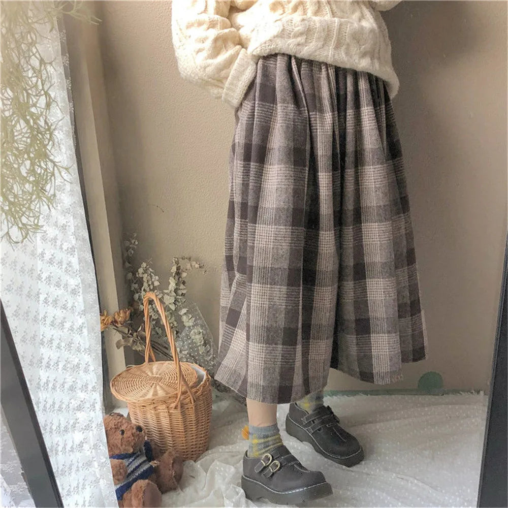 Japanese Rainbow High Waist Aline Wool Plaid Skirt Female Students Preppy Style Wild Midi Skirt Autumn Long Skirt