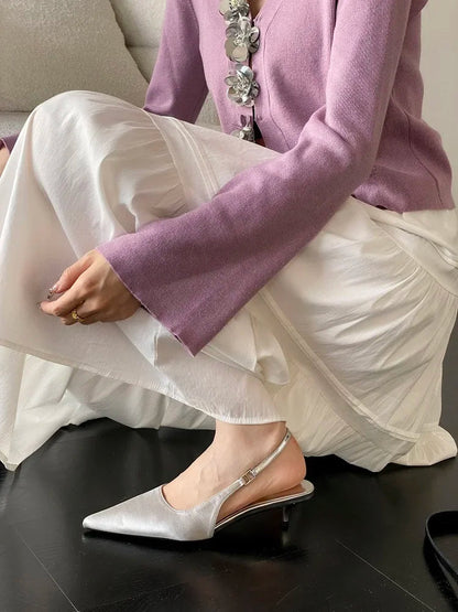Satin Pointed Toe Mules Pumps Sandals Spring Shallow Thin Low Heels Female Shoes
