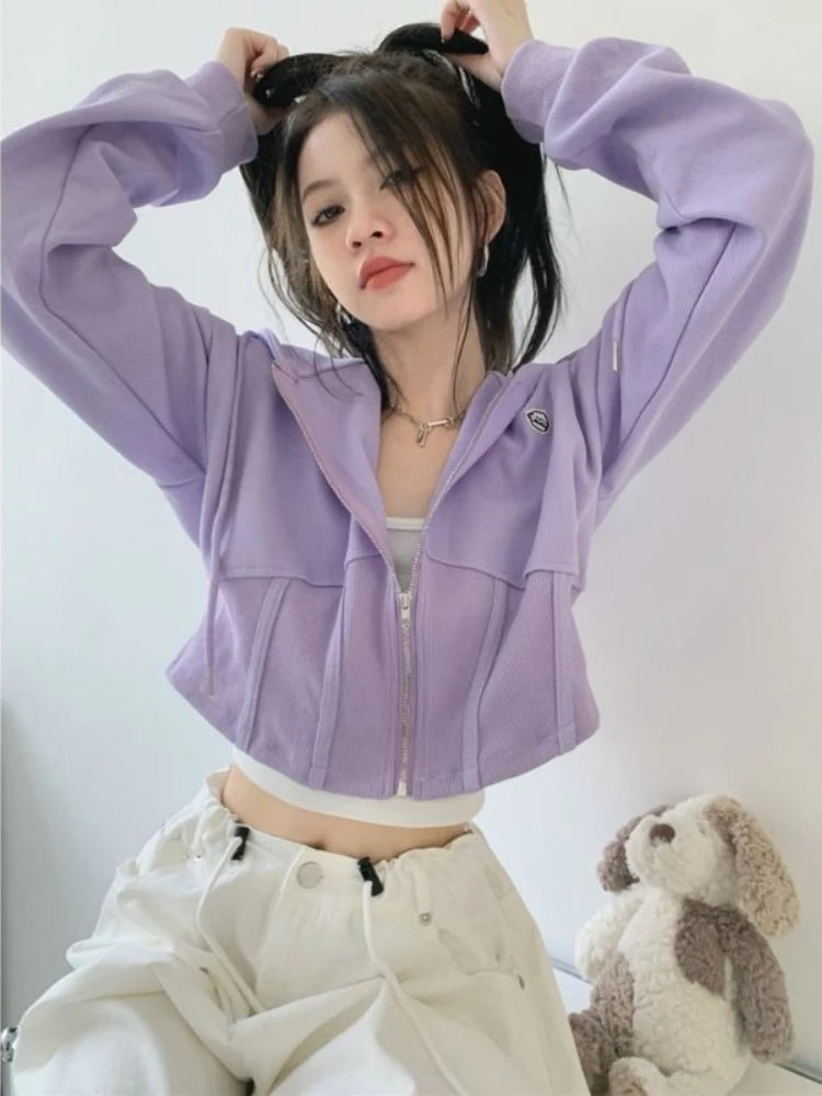 Zip Up Sweatshirts Slim Korean Style Cropped Hoodies Female Sweet Basic Sportswear