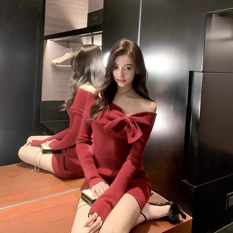 Knitted Dresses Slash Neck Bow Slim Stretch Off Shoulder Winter Spring Party Sweater Dress Sweet