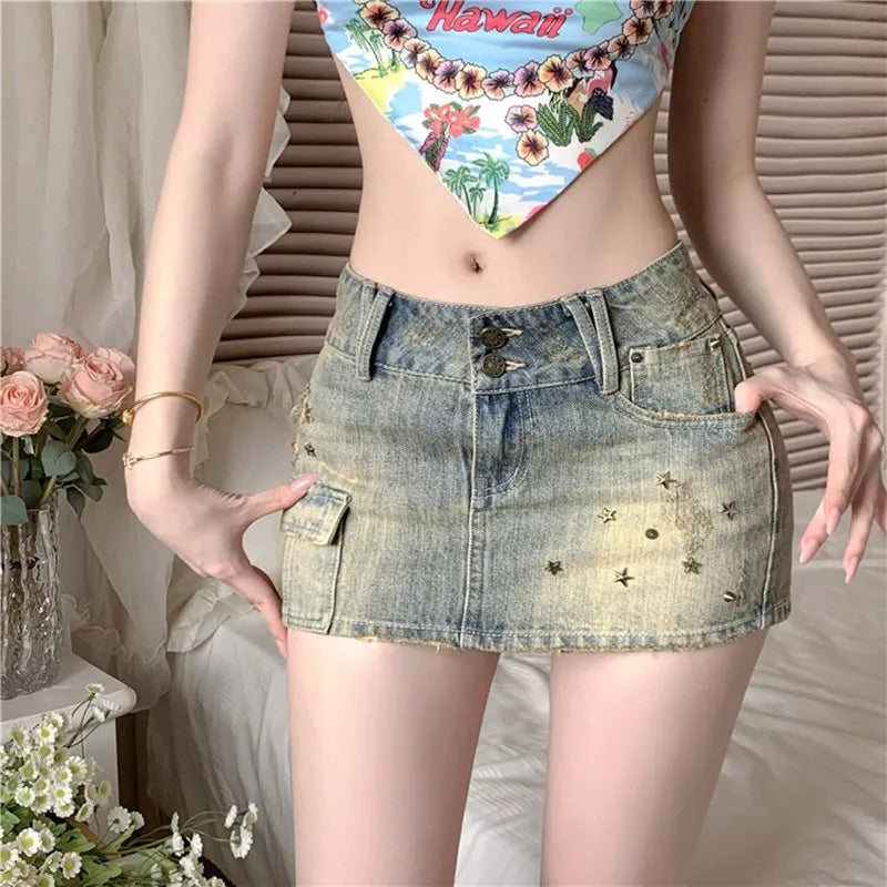 Y2k Willow Nail Heavy Industry Denim Skirt Summer New Low Waist Wrapped Hip Short Skirt