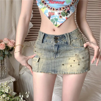 Y2k Willow Nail Heavy Industry Denim Skirt Summer New Low Waist Wrapped Hip Short Skirt