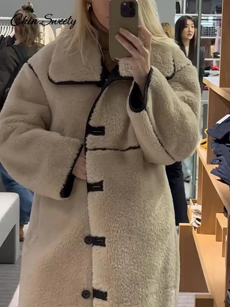 Beige Faux Fur Long Coat Winter Buttons Lapel Long Sleeve Lamb Fleece Jacket New Lady Loose Street Outerwear