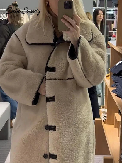 Beige Faux Fur Long Coat Winter Buttons Lapel Long Sleeve Lamb Fleece Jacket New Lady Loose Street Outerwear