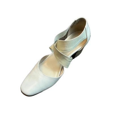 Sshoes Square Toe Thick Middle Heel Cross Elastic Cowhide Color Office Shallow Single Shoes