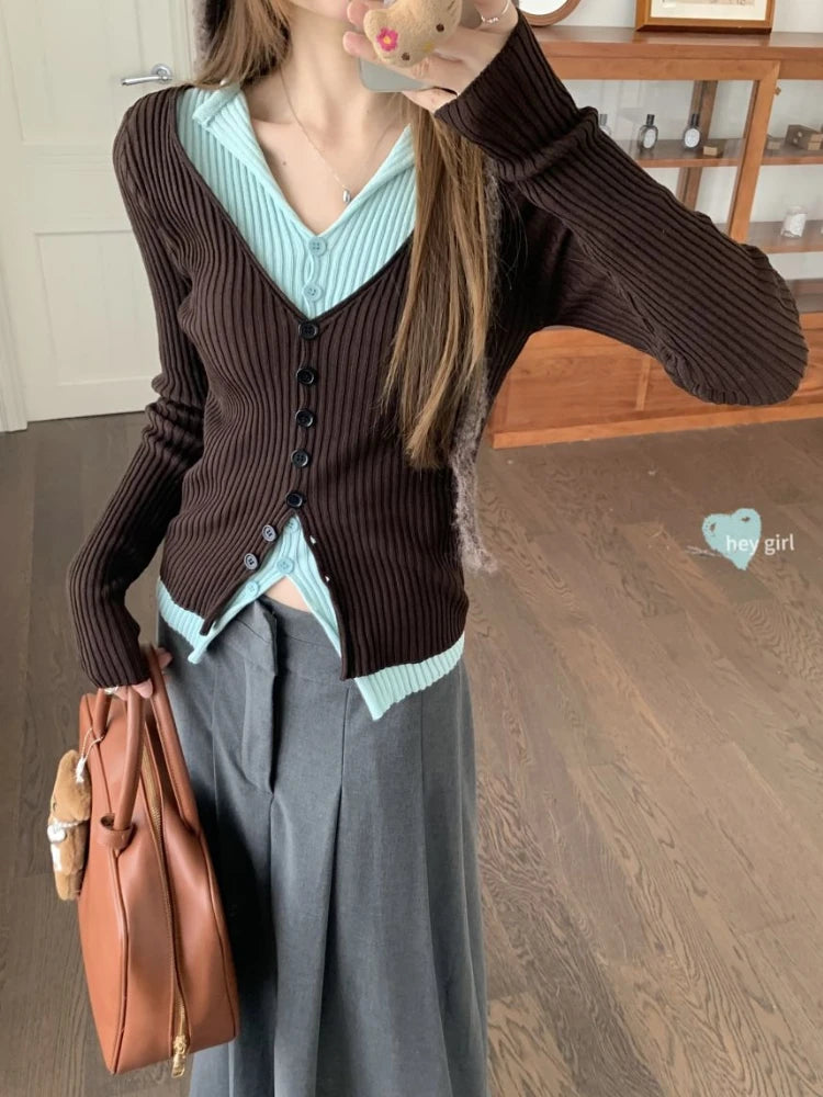 Y2k Brown and Mint Green Fake Two Pieces Knitwear Slim Button Up Cardigan Autumn Winter Ribbed Sweater Korean