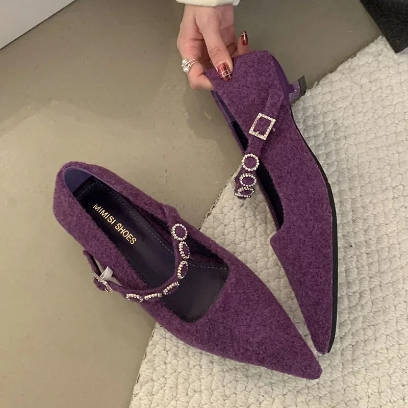 Satin Rhinestone Pointed Toe Buckle Shallow Low Heeled Shoes Wedding Pumps