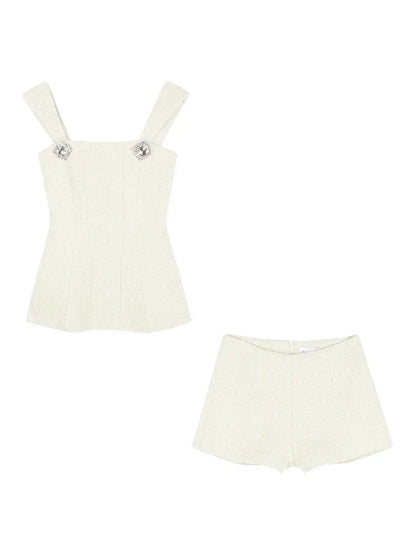 Summer New Hollow Backless Bow Splicing Tweed Camisole + Color Shorts Twopiece Suit