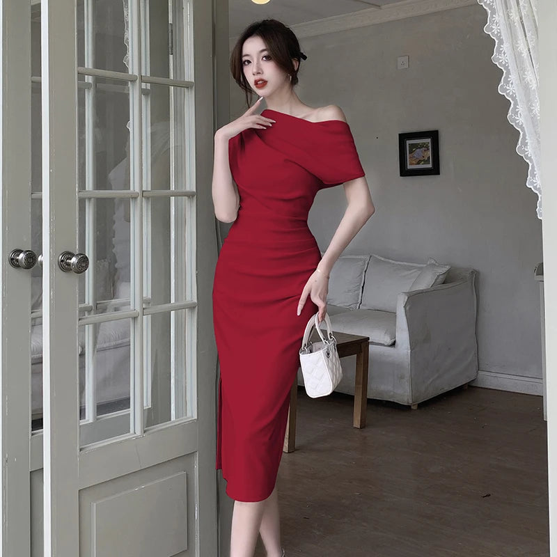 French Temperament Celebrity Wind Strapless Oblique Collar Dress Female Spring and Summer Slim Open Package Hip Long Dress