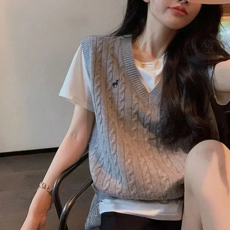 Sweater Cardigan Sleeveless Top Sweater Knitted Vest Commuter Style Clothes Preppy Look Autumn Winter Woolly