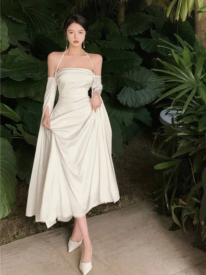 Summer Satin Silky Off Shoulder Slim White Cocktail Dress Lady Party Maxi Dress Vestidos De Fiesta Para Bodas
