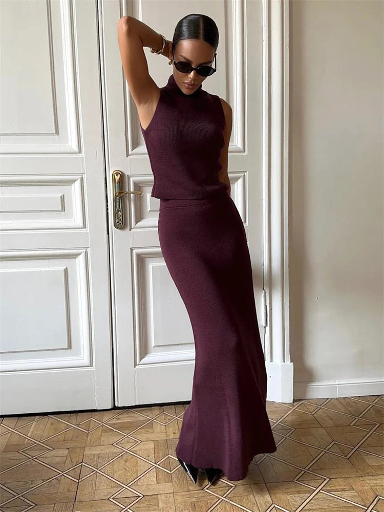 Knitwear 2 Piece-set Long Dress Female Ribbed Sweater Pullover and Loose Patchwork Maxi Skirt Sets Outfits