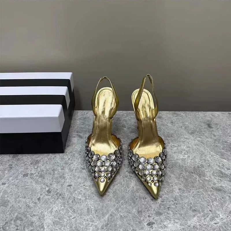 New Super Rhinestone Shallow Stiletto Pointed Shoes Roman Cutout High Heeled Sandals
