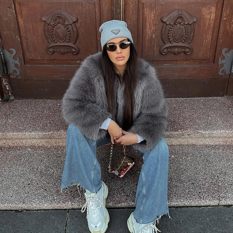 Street Gray Fluffy Short Faux Fox Fur Jacket Winter Hot Brand Thick Warm Eco Fur Coat Female