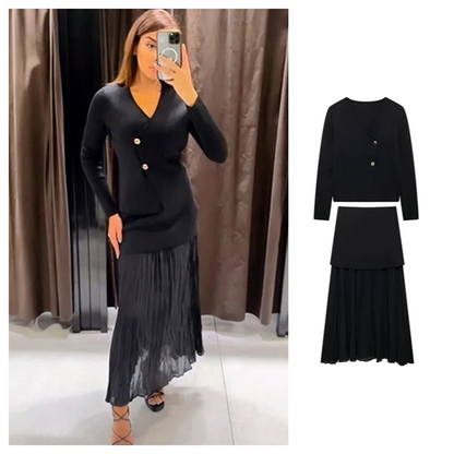 Autumn New ’s Clothing Style Slimming Asymmetric Knitted Coat Small Folded Splicing Skirt Set