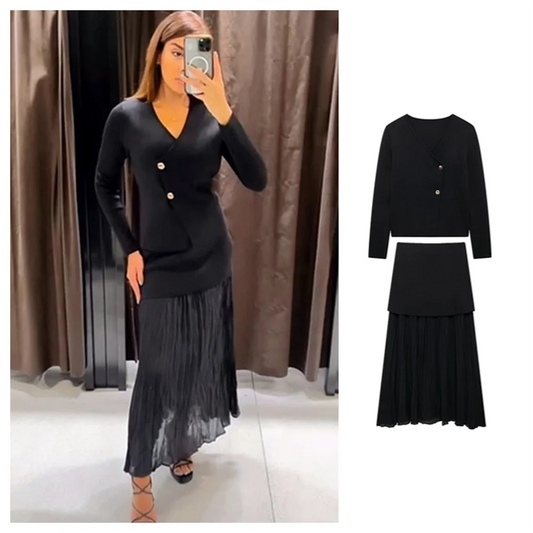 Autumn New ’s Clothing Style Slimming Asymmetric Knitted Coat Small Folded Splicing Skirt Set