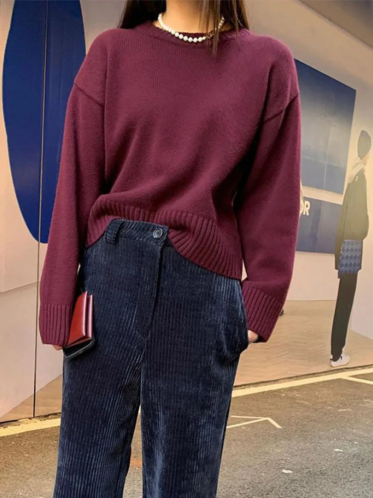 Knitted O-neck Sweaters Retro Loose Pullover Sweater Female Autumn Street All-matching Tops