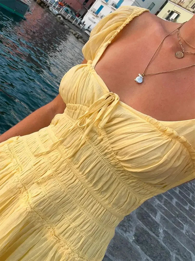 Summer Vacation Backless Square Neck Long Dress Lace Up High Waist Slim Dresses Lady Holiday Beachwear