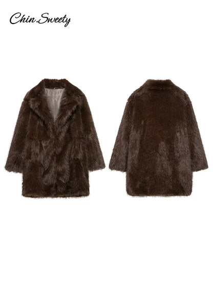 Brown Faux Fur Jacket Oversized Lapel Long Sleeve Fluffy Thicken Coats Female Winter Warm