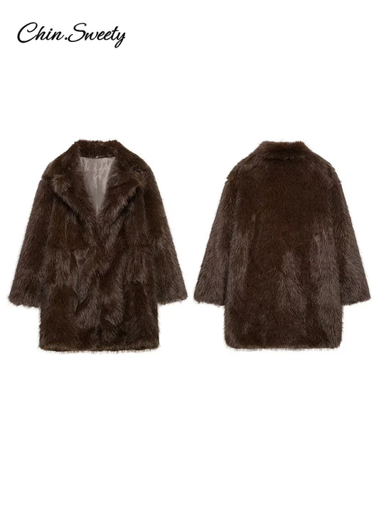 Brown Faux Fur Jacket Oversized Lapel Long Sleeve Fluffy Thicken Coats Female Winter Warm