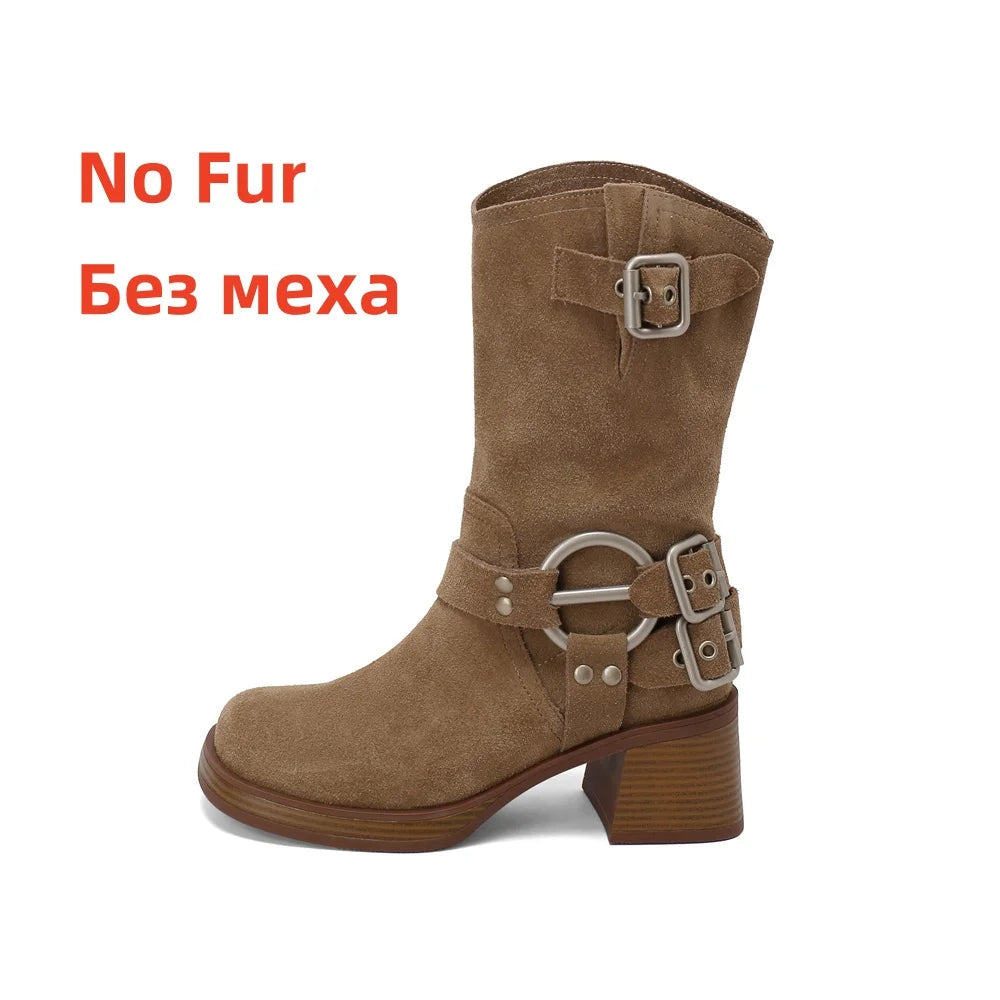 Cow Suede Leather Midcalf Boots Thick High Heels Autumn Winter Warm High Boots Motorcycle Boots Shoes