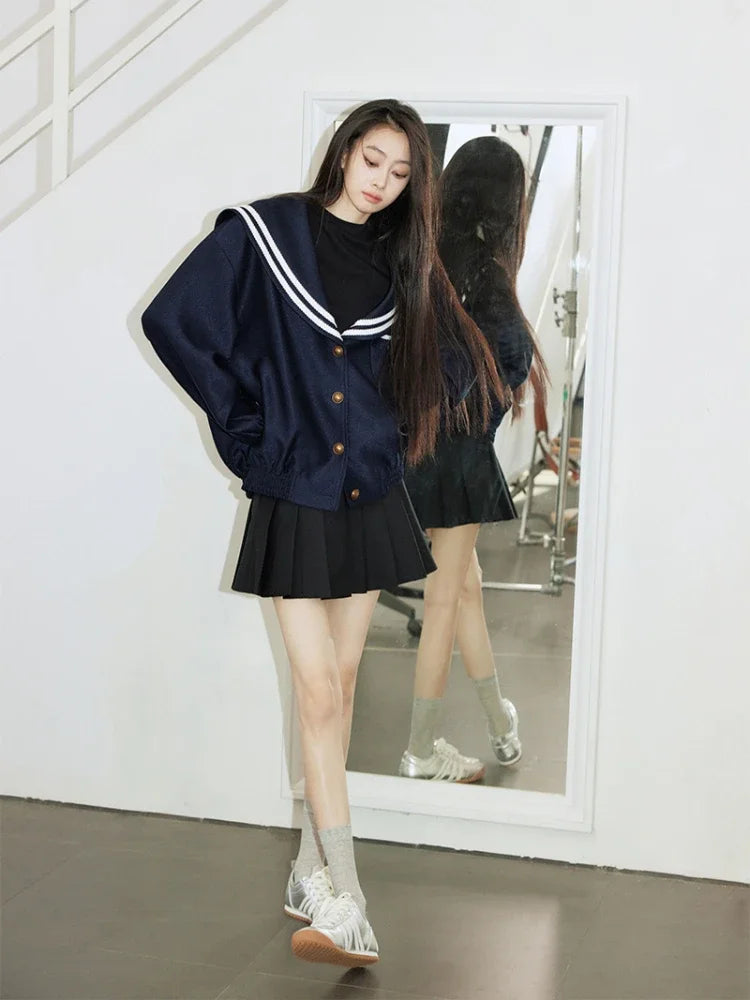 Sailor Collar Jacket Patchwork Long Sleeve Oversize Coat Preppy Style Uniform Old Money Aesthetics Outfits