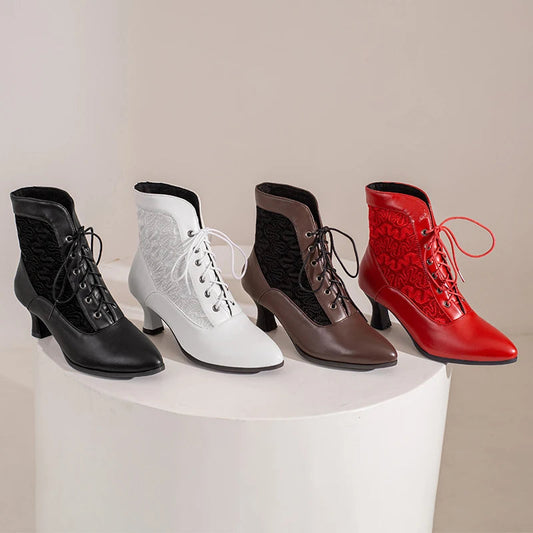 White Red Victorian Pointed Toe Ankle Boots Pu Leather Embroidered Laces Punk Crosstied Kitten High Heel Shoes