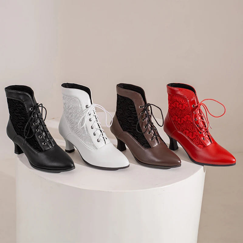 White Red Victorian Pointed Toe Ankle Boots Pu Leather Embroidered Laces Punk Crosstied Kitten High Heel Shoes