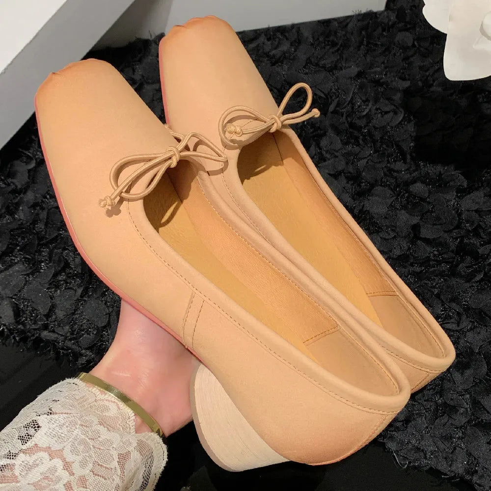 Genuine Leather 4.5cm Thick Med Heel Pleated Square Toe Slipon Pumps Sweet Bowtie Korean Style Female Heeled Shoes