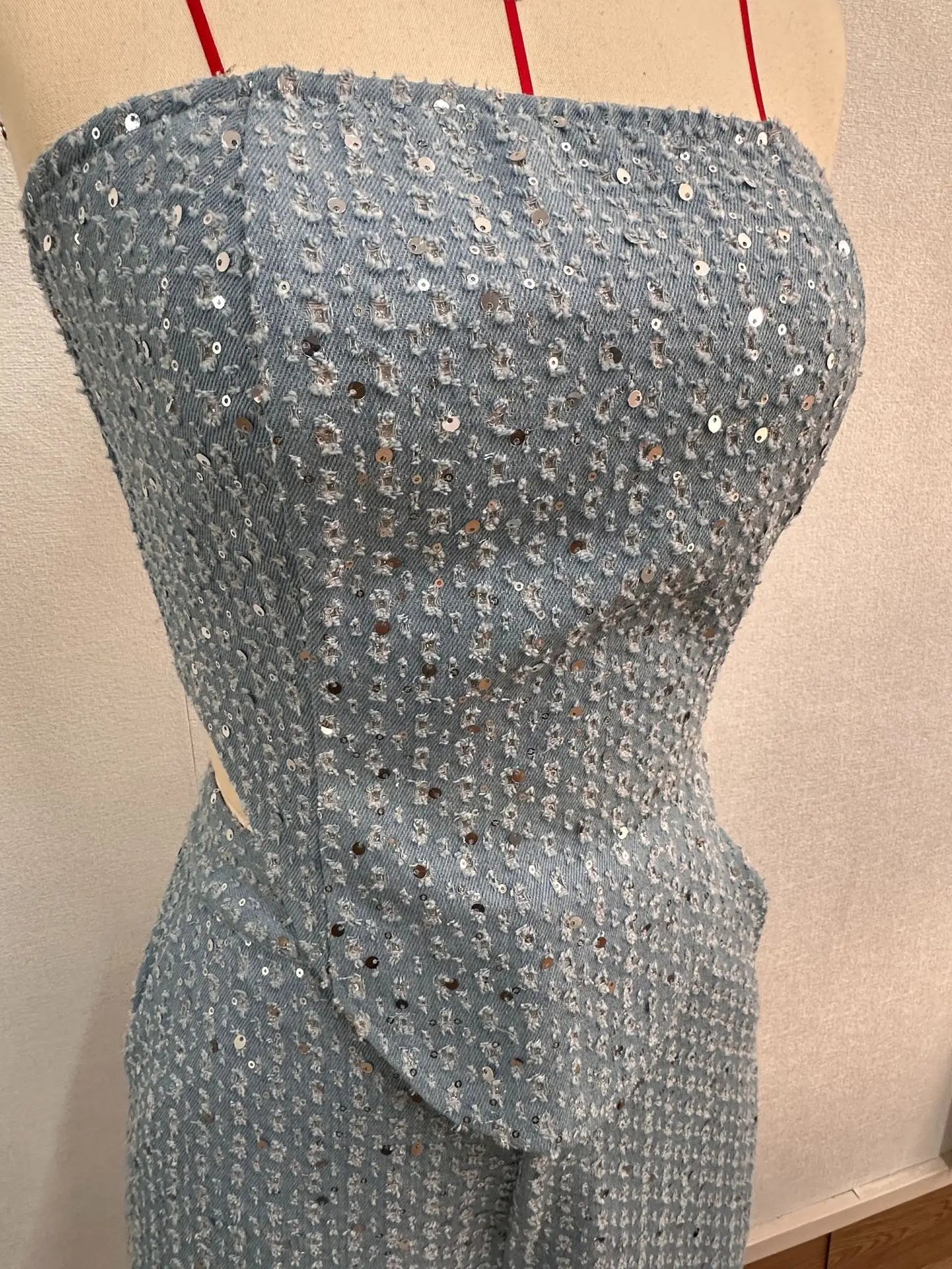 Sequins Denim Set Strapless Tunic Waist Crop Top and Wide Leg Pant Suit New 2 Piece Sets Outfits Tracksuit