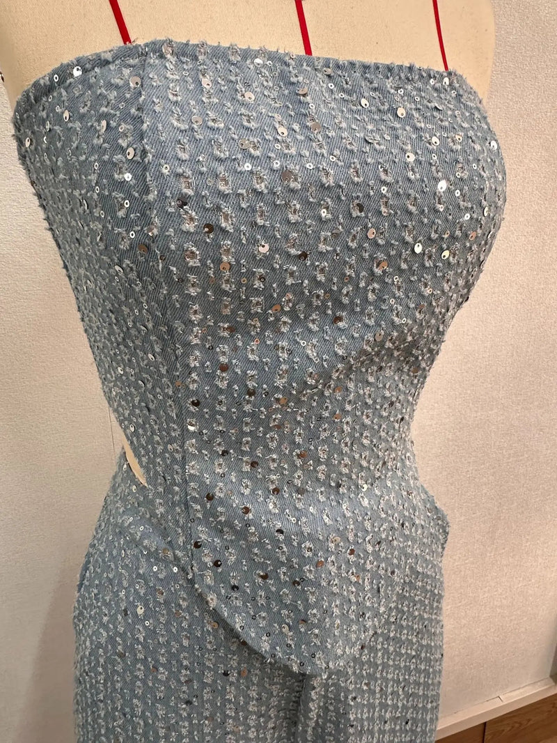 Sequins Denim Set Strapless Tunic Waist Crop Top and Wide Leg Pant Suit New 2 Piece Sets Outfits Tracksuit