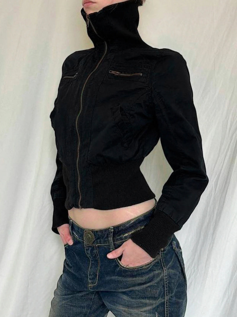 Korean Street Style Black Zip Up Turtleneck Slim Long Sleeve Bomber Jackets for Autumn New Gothic Outwears