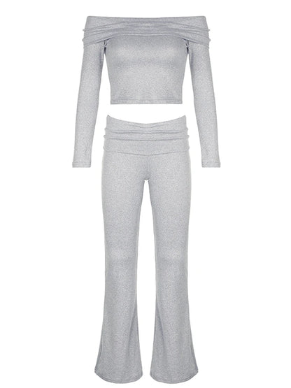 Skinny Ruched Off Shoulder Long Sleeve Tee Shirt and Flared Pants 2 Pieces Sets