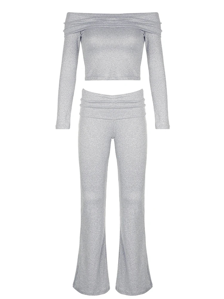Skinny Ruched Off Shoulder Long Sleeve Tee Shirt and Flared Pants 2 Pieces Sets