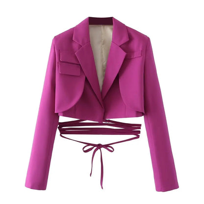 Gray Double Layer Bandage Slim Blazer Desigual Long Sleeve Pocket Short Jacket Female Outwear Crop Tops