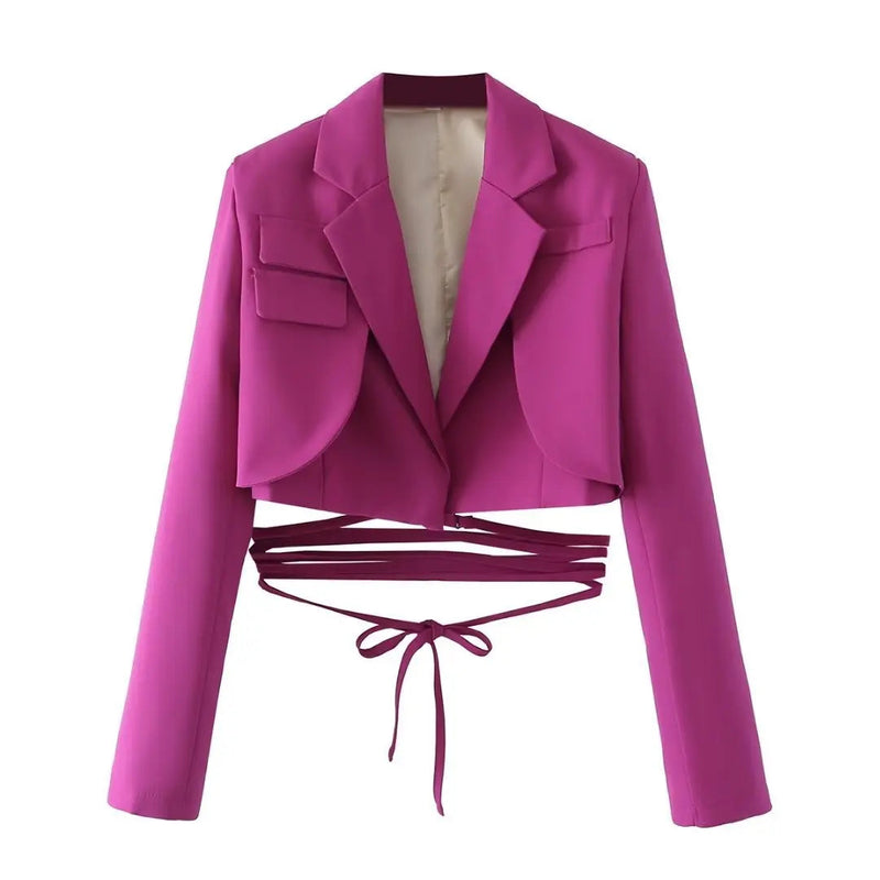 Gray Double Layer Bandage Slim Blazer Desigual Long Sleeve Pocket Short Jacket Female Outwear Crop Tops