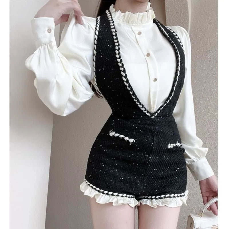 French Two-piece Set Ruffles O-neck Shirt Tweed Halter Short Overalls Autumn Y2k Outfits New