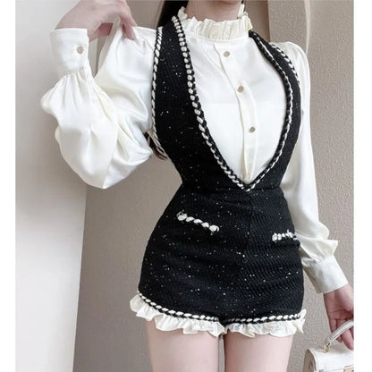 French Two-piece Set Ruffles O-neck Shirt Tweed Halter Short Overalls Autumn Y2k Outfits New