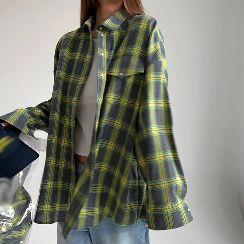 Single Breasted Lapel Shirts Spring Plaid Print Loose Office Blouses New Autumn Long Sleeve Long Top Jacket