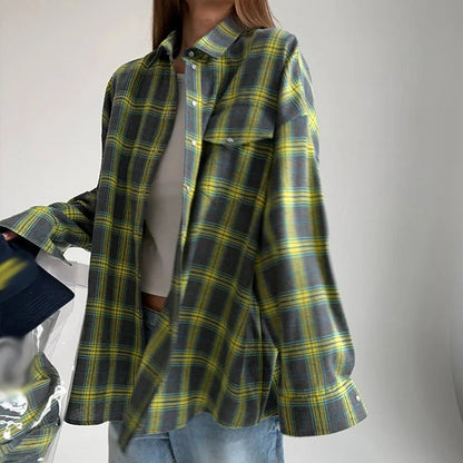 Single Breasted Lapel Shirts Spring Plaid Print Loose Office Blouses New Autumn Long Sleeve Long Top Jacket