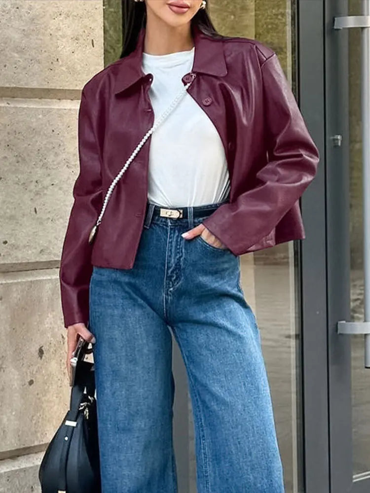 Burgundy Faux Leather Jackets Moto Biker Lapel Zipper Long Sleeve Female Coats Spring Lady Street Outwear