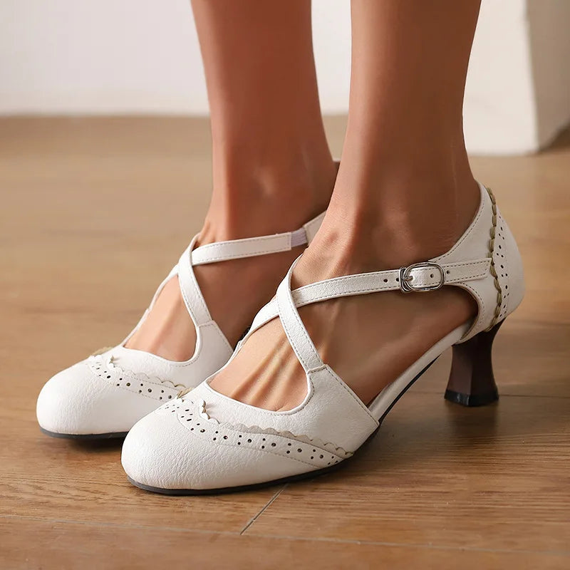 Cross Sandals Buckle High Heels Black Shoes for Round Toe Highheeled Beige Spring Elastic Band Comfort