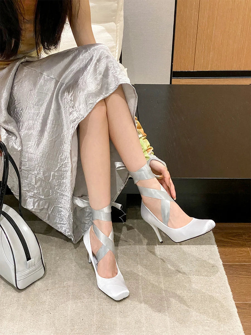 Black Platform Ballet Strap Pumps Ribbon Wrap Stiletto Fairy Mary Janes Shoes French Style Bowknot Square Toe High Heels