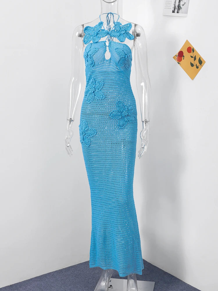 Knitted 3d Flower Halter Long Dress Crochet Hollow Out Sleeveless Blue Maxi Dresses New Lady Beach Vacation Robe