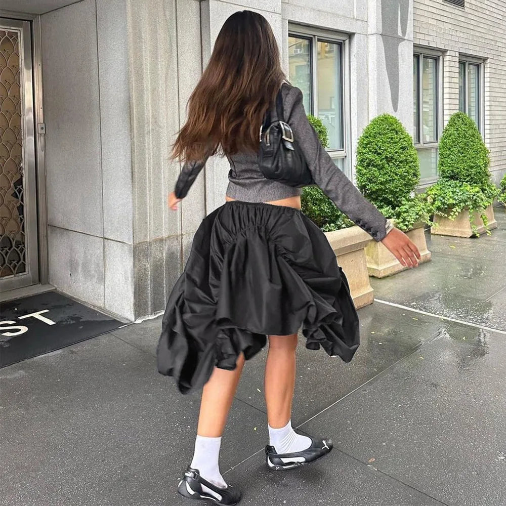 Irregular Ruched Elastic Long Skirt Design Party Dress Street Outfit Autumn Winter Female Skirt