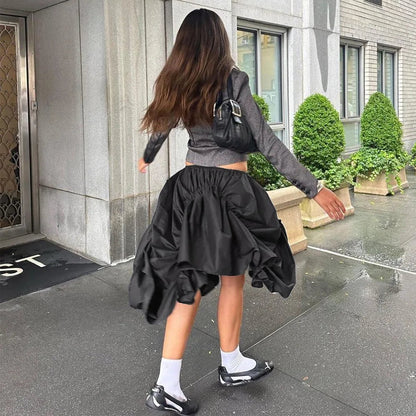Irregular Ruched Elastic Long Skirt Design Party Dress Street Outfit Autumn Winter Female Skirt