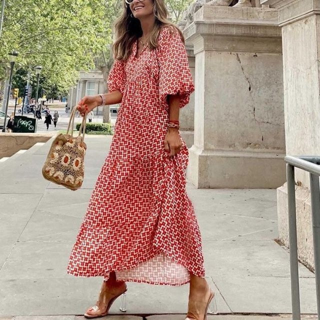 Puff Sleeve Maxi Dress Print V-neck Loose Holiday Beach Party Vestidos