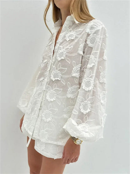 Printed See-through Outfits Female Patchwork Cardigan Shirts and Lace-up High Waist Shorts Sets Autumn 2 Piece-set