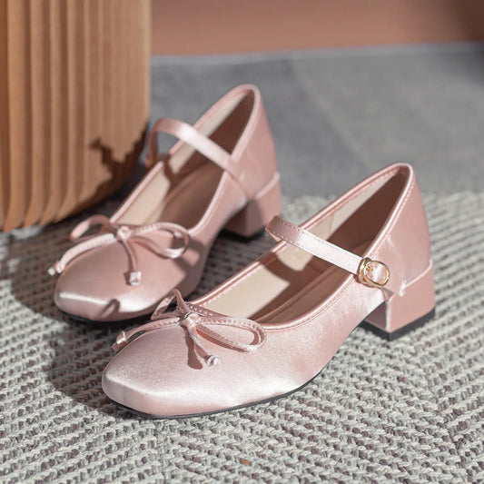 /girl's Pink Silk Pumps Sweet Bowtie Mary Janes Shoes Woman Square Toe Silk Tacones Ballerina Shoes Medhgh Heels Bow Shoes